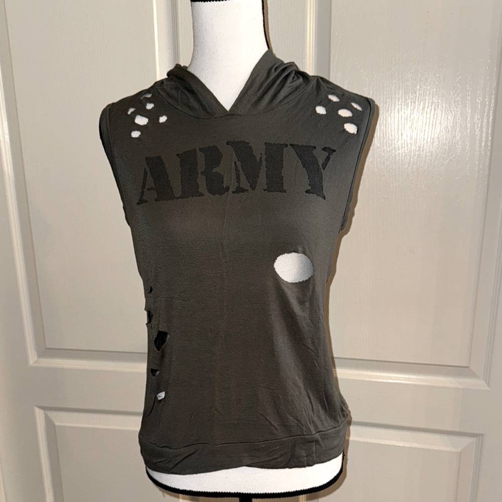Army Sleeveless Distressed Top with Hoodie - Size X-Large